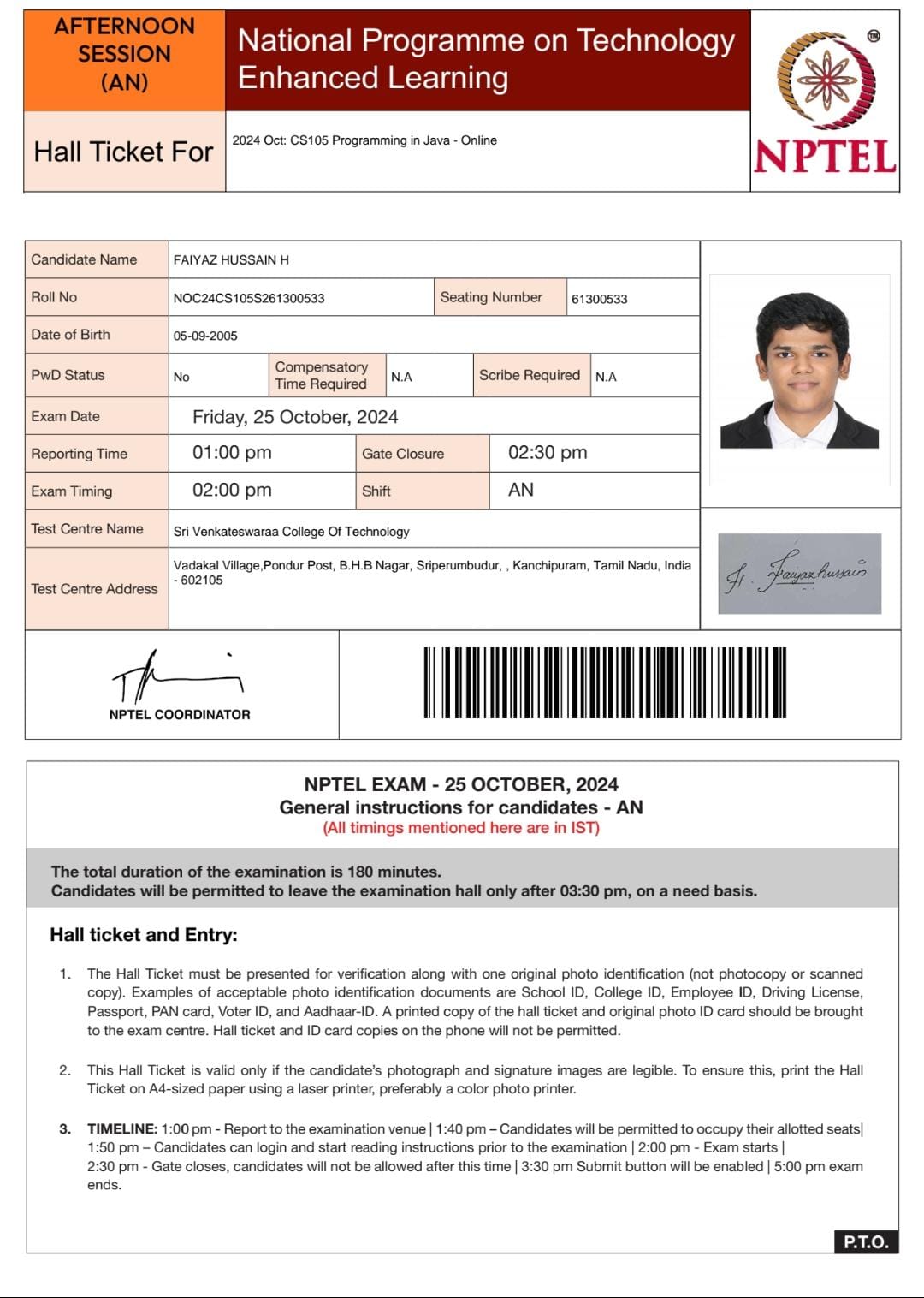 NPTEL Java Exam Hall Ticket